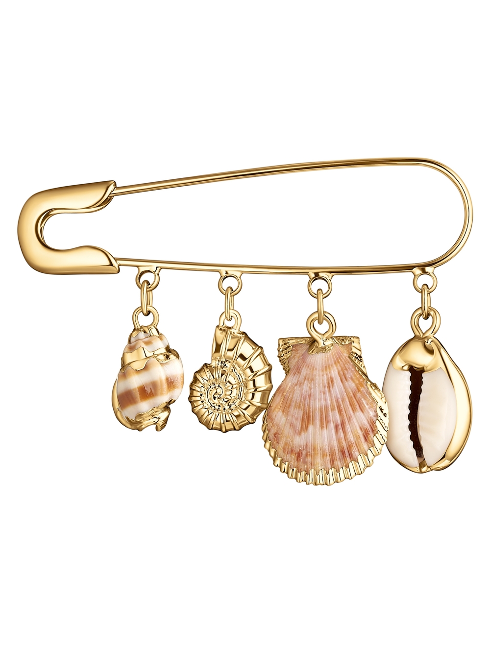Gold Shell Charm Safety-Pin Brooch